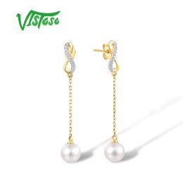 Earrings VISTOSO 9K 375 Yellow Gold Earrings For Women Fresh Water White Pearl Diamond Drop Earrings Delicate Charming Gifts Fine Jewelry