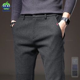 Four Seasons Mens Brushed Fabric Casual Pants Business Fashion Slim Fit Stretch Thick Gray Blue Black Cotton Trousers Male 240411