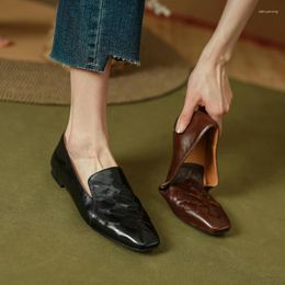 Casual Shoes Women Square Toe Genuine Leather Weave Flats For Woman Cozy Loafers On Flat Heel Spring Autumn Ladies Simple
