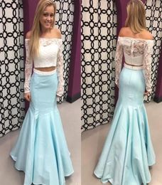 Elegant Long Sleeves 2 Pieces Prom Dresses Evening Formal Gowns Mermaid Off the shoulder Lace Illusion Satin Cheap Pageant Gown Ne7080088