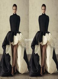 African HighLow Long Sleeves Evening Dress High Neck Black and Ivory Prom Dresses Ruffles Taffeta Formal Party Gowns Ball Gown2635266