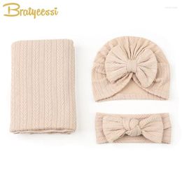 Blankets 3 PCS Born Blanket Headband Hat Set Baby Swaddling Wrap Bedding Infant Receiving For Girls Boys Gift