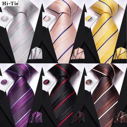 Bow Ties Hi-Tie Striped Black Red Mens Fashion Necktie Handkerchief Cufflinks For Tuxedo Accessory Classic Silk Luxury Tie Man Gift