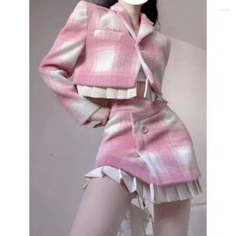 Work Dresses Sweet Fashion Plaid Jacket Skirt Two-piece Set Temperament Pleated Splice Sequined Lapel Slim Winter Female Chic College Wear