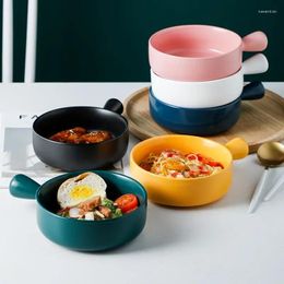 Bowls Nordic Ceramic Salad Bowl With Handle Breakfast Cereal Fruit Solid Colour Dessert Soup Noodle Microwave Oven
