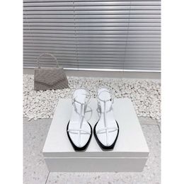 Cross Strap High Heels, Women's Sandals, Genuine Leather, Thin Strap, Thick Heel, Exposed Toe Slippers, Solid Colour Buckle, Black and White, Minimalist