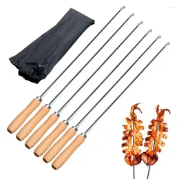 Tools 6 Pieces Barbecue Skewers Wooden Handle BBQ Mutton Steel Skewer Thick And Extended Grilling Needles