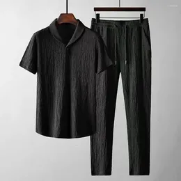 Men's Tracksuits Casual Men Suit Turn-down Collar Pleated Loose Outfit Pure Colors Short Sleeve Shirt Drawstring Long Pants Set Male