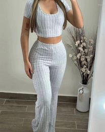 Women's Two Piece Pants Two-Piece Set 2024 Spring Minimalist Solid Colour U-Neck Short Sleeve Ribbed Crop Top & High Waisted Skinny