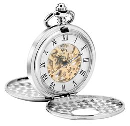 Retro Vine Silver Pocket Watch Men Women Handwinding Mechanical Timepiece Skeleton Double Hunter Pendant FOB Chain Reloj de bolsillo3958987