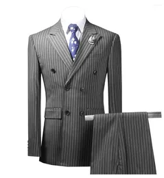 Men's Suits 2 Pieces Suit Mens Striped Business Grey Groom Tweed Wool Brown Tuxedos For Evening Wedding (Blazer Pants)