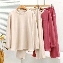 Home Clothing Winter Women Clothes Pyjamas Toothpick Strips Velvet Round Neck Contrast Deep Pocket Long 2-piece Set Sleep Wear Sleepwear