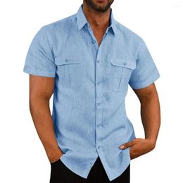 Men's Casual Shirts Short Sleeve Men Shirt Solid Colour Summer With Chest Pockets Turn-down Collar Lightweight Breathable Stylish