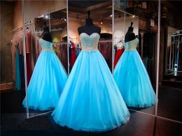 Dresses Turquoise Strapless Sweetheart Ball Gown Prom Dress Tulle Pageant Dress Gold Lace Applique Plus Size Evening Gown