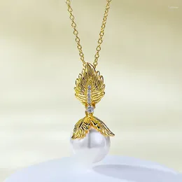 Chains Small And Versatile S925 Silver Plated French Romantic Gold Leaf 12mm Pearl Pendant Middle Ages Necklace For Women