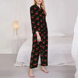 Home Clothing Vintage Cherry Print Pyjamas Set Autumn Fruit Lover Cute Sleep Sleepwear Womens 2 Pieces Aesthetic Oversize Graphic Nightwear