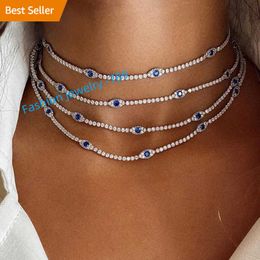 Crystal Rhinestone Blue Evils Eye Tennis Choker Collar Necklace for Women