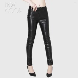 Women's Pants Novmoop Soft Sheepskin Genuine Leather Women Full Length Centre Seam Decor Office Lady Elegant Formal Style Pantalo LT3427