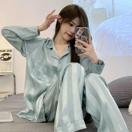 Home Clothing Women's Sleeve Piece Outfit Set Two Loungewear Pyjamas Pants Stripe Blouses Pyjamas 2024 Long Nightwear