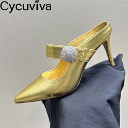 Dress Shoes 2024 Spring Designer Women Pumps Genuine Leather Gold High Heels Crystal Pointy Stiletto Sandals Party Banquet