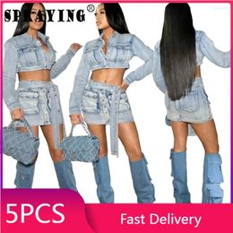 Work Dresses 5 Denim Skirt Sets 2024 Jackets Belt Mini Skirts Bulk Items Wholesale Lots Single Breasted Pocket Two Piece Set Outfits S13267