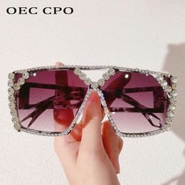OEC CPO Fashion Rhinestone Square Sunglasses Women Oversize Diamond Sun Glasses Female Vintage Goggles Ladies Gradient 240402