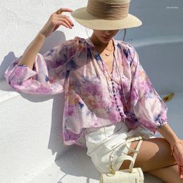 Women's Blouses Purple Floral Printed Blouse For Women Puff Long Sleeve V-neck Oversize Loose Lace-up Shirts Spring Summer Ladies Tops