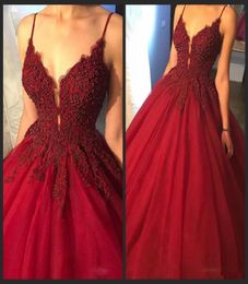 vestidos Beading Ball Gown Prom Dresses Spaghetti Straps Sexy Red Wine Puffy Eveing Gowns Deep V Neck Formal Dress7529327