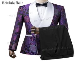 Gwenhwyfar Custom Made Groom Tuxedos Slim Fit Purple Floral Printed Men Suit Set For Wedding Prom Mens Suits 2Pcs JacketBlack Pa4182172