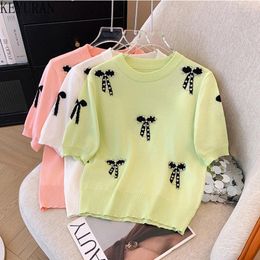 Women's Sweaters Diamonds Beading Bowtie Ice Silk Knitted Tshirt 2024 Summer Vintage Fashion Bubble Short Sleeved Knitwear Tops Tees