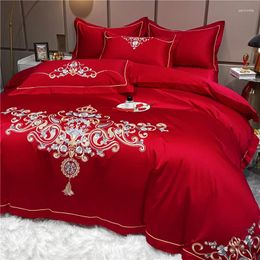 Bedding Sets High-end Wedding Embroidered Quilt Cover Four-piece Cotton Pure Bed Sheet Big Red Happy
