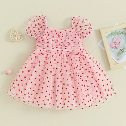 Citgeett Summer Valentines Day Kids Baby Girls Dress Short Puff Sleeve Heart Print Tulle Cute Princess Pik Clothes 240326