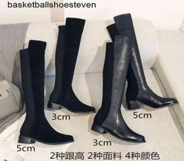 5050 spring winter new leather round head middle heel black stitching show thin women039s knee high Knight boots6944202
