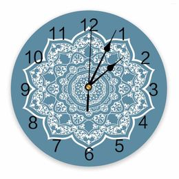 Wall Clocks Blue Mandala Flowers Decorative Round Clock Arabic Numerals Design Non Ticking Large For Bedrooms Bathroom