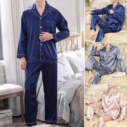 Home Clothing Men Pajama Set Two-piece Pajamas Men's Satin Lapel With Long Sleeve Shirt Elastic Waist Pants Soft For Fall