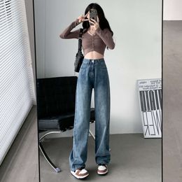 Hohe Jeans mit hoher Taille Wide Bein für die Frühlingsfeder und Herbst 2024 Neue lose und schlanke Drape kleine gerade Beinhosen