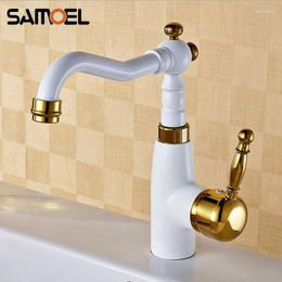 Bathroom Sink Faucets Nordic Style Elegant Brass White And Gold Faucet Single Hole 360° Rotating Basin Water Tap Mixer W3015