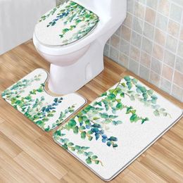 Bath Mats Leaves Mat Set 3D Patterns Green Plant Leaf Flowers Low Pile Memory Foam Toilet Cover U-Shaped Carpet Of 3