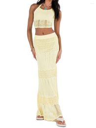 Work Dresses Fashion Womens 2 Piece Summer Outfits Sleeveless Crochet Knit Halter Crop Tops Long Skirt Set Club Street Style