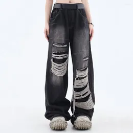 Women's Pants Distressed Jeans Wide Leg Vintage High Waist With Ripped Holes Streetwear Style Hop Straight Denim