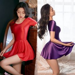 Sexy Glossy Satin Women Pleated Mini Dress Bodycon Short Sleeve High Waist Sleeping Silk Pyjamas 240402