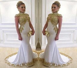 Stunning White Long Evening Dress High Neck Cap Sleeve Beaded Gold Lace Appliques Stretch Satin Mermaid Women Formal Gowns9061470