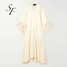High Quality Solid Colour Romantic Party Sleepwear Luxury Satin Dress Nightgown Silk Gala Feather-trimmed Crepe Gown for Women