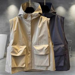 Women's Vests Couple Style Solid Colour Hooded Vest For Men In Autumn Korean Trendy Workwear Pocket Brand Loose Fit