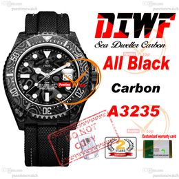 43mm Sea Dweller Carbon A3235 Automatic Mens Watch DIWF V3 All Black White Dial Nylon Strap Super Edition Same Serial Card Puretime Reloj Hombre Montre Hommes PTRX