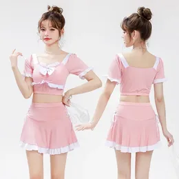 Women's Swimwear Women Fantasie High Waist Cute Sleeve Two-Piece Swimsuit Korean Style Beach Wear Skirt Set Suit