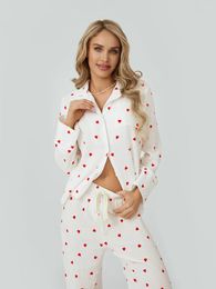 Home Clothing Wsevypo Heart Print 2 Piece Pyjamas Set Women's Casual Loungewear Long Sleeves Button Shirt And Elastic Pants Soft Sleepwear