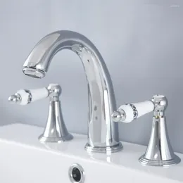 Bathroom Sink Faucets Polished Chrome Brass Deck Mounted Dual Handles Widespread 3 Holes Basin Faucet Mixer Water Taps Mnf977