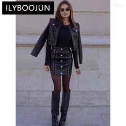 Two Piece Dress PU Leather Short Jacket Skirt Fashion Round Neck Button Tied Rope Black Mini Faux Coat Women Business Wear