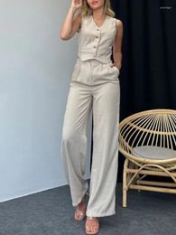 Women's Two Piece Pants Green Trouser Suit With Tank Top 2024 Spring Elegant Wide Leg Set Summer Outfit For Women Office Wear